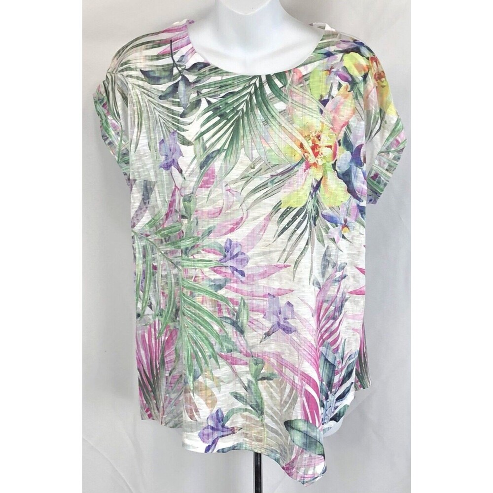 Time & Tru top L Wht/green Floral hi lo beads shortsleeve tropical Hawaiian